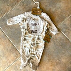 “Mama is the best” 3 piece baby set with bodysuit, footie, and bib
